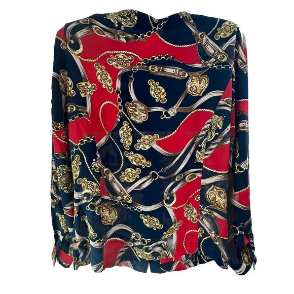 Vtg Stephanie Andrews 100% Silk Navy Red Button Dwn Blouse XS Corpcore Old Money - Picture 7 of 9